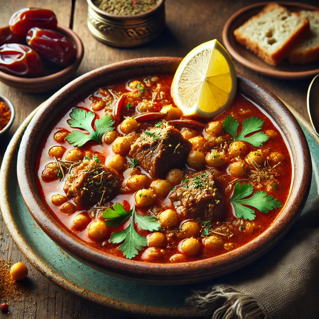 A beautifully plated bowl of Harira, a traditional Moroccan soup featuring a rich, tomato-based broth filled with tender chickpeas, lentils, and slow-cooked lamb or beef. The bowl rests on a wooden table with soft, natural lighting highlighting the warm and aromatic presentation.