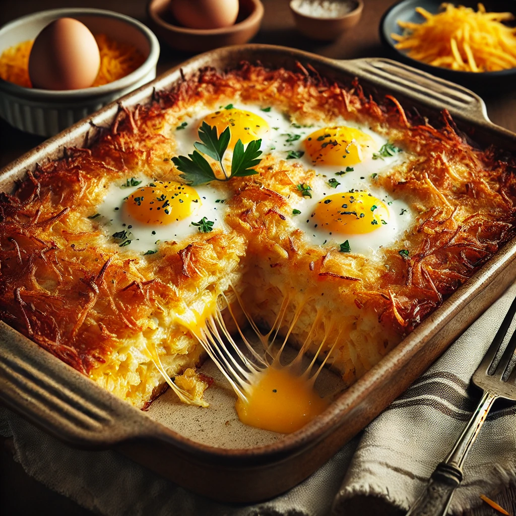 A delicious Hash Brown Casserole with a golden, cheesy crust, served in a rustic ceramic baking dish. Layers of crispy hash browns, melted mozzarella, and seasoned eggs are visible in a sliced portion. The casserole is garnished with fresh parsley and extra cheddar cheese. It sits on a wooden table, accompanied by a linen napkin and a small dish of extra cheese. War