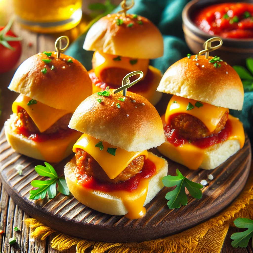 Hawaiian rolls filled with juicy pork meatballs, marinara sauce, and melted Cheddar cheese, arranged on a rustic wooden platter. Garnished with fresh parsley, the sliders are presented in a cozy party atmosphere with colorful napkins and warm natural lighting highlighting their golden and vibrant textures.