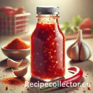 Photorealistic image of a glass bottle filled with Hawaiian chili fusion water, surrounded by chili powder, garlic, and brown sugar on a rustic surface with a vibrant, homemade look.