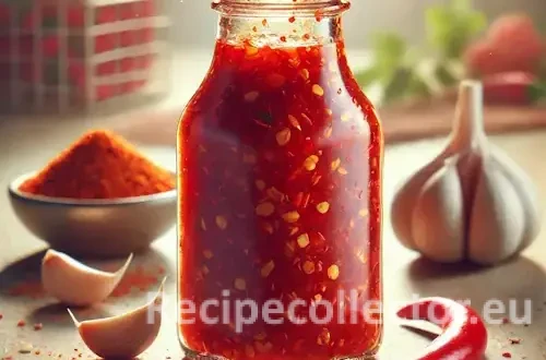 Photorealistic image of a glass bottle filled with Hawaiian chili fusion water, surrounded by chili powder, garlic, and brown sugar on a rustic surface with a vibrant, homemade look.