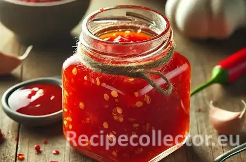 Photorealistic image of homemade Hawaiian chili water in a small glass jar, with visible chili flakes and garlic, set on a wooden surface alongside a spoon and ingredients like brown sugar and garlic.