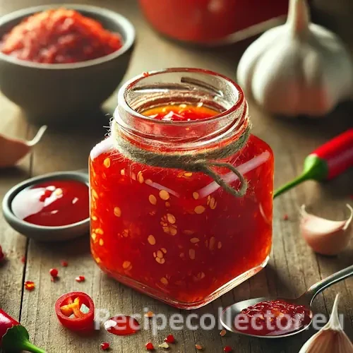 Photorealistic image of homemade Hawaiian chili water in a small glass jar, with visible chili flakes and garlic, set on a wooden surface alongside a spoon and ingredients like brown sugar and garlic.