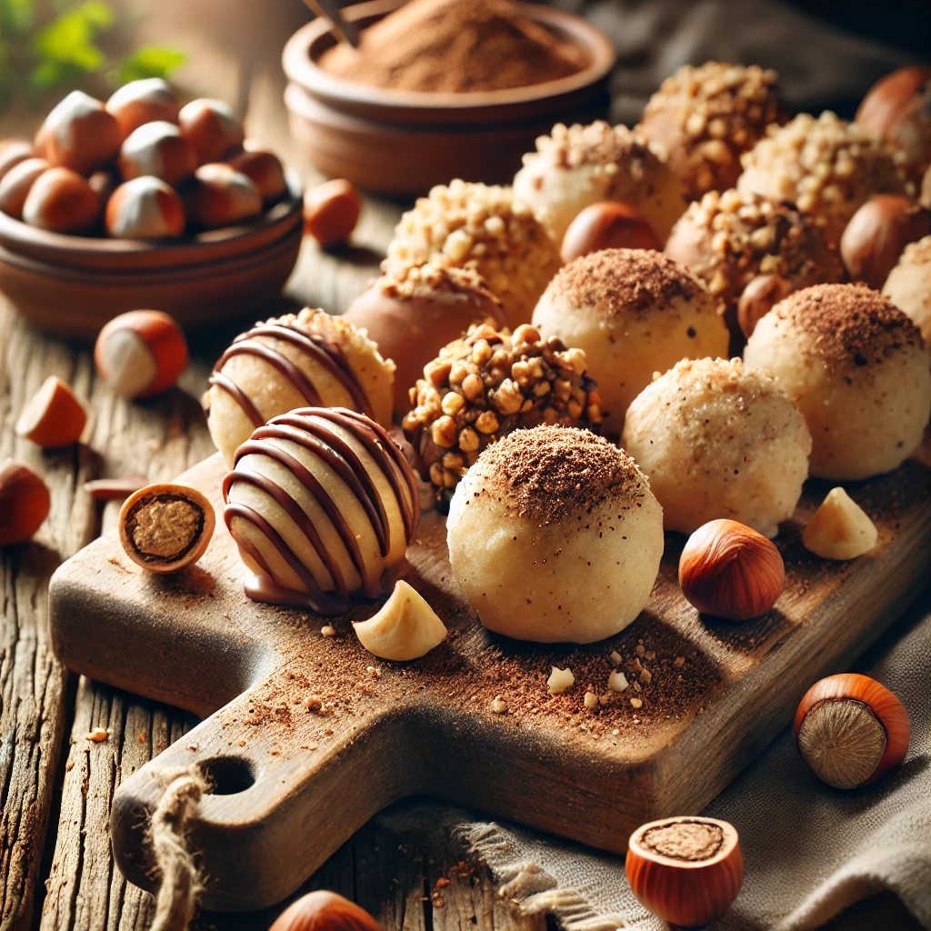 A rustic presentation of hazelnut cookie dough truffles, elegantly arranged on a wooden table. The truffles have a soft, slightly textured surface and are coated in crushed hazelnuts, chocolate drizzle, and cocoa powder. A wooden cutting board holds the truffles, with whole and chopped hazelnuts scattered around. The warm, natural lighting highlights the richness of the ingredients, with gentle shadows adding depth. A hint of greenery in the background enhances the fresh and inviting atmosphere.