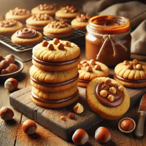 A batch of freshly baked hazelnut spread cookies with a golden-brown color and a soft, chewy texture. Some cookies have a rich hazelnut filling, while others are drizzled with melted chocolate. They are arranged on a rustic wooden table, with a few stacked and others cooling on a wire rack. A small jar of hazelnut spread, whole hazelnuts, and a dusting of cocoa powder add to the inviting presentation. Warm, natural lighting enhances the cozy, homemade feel.