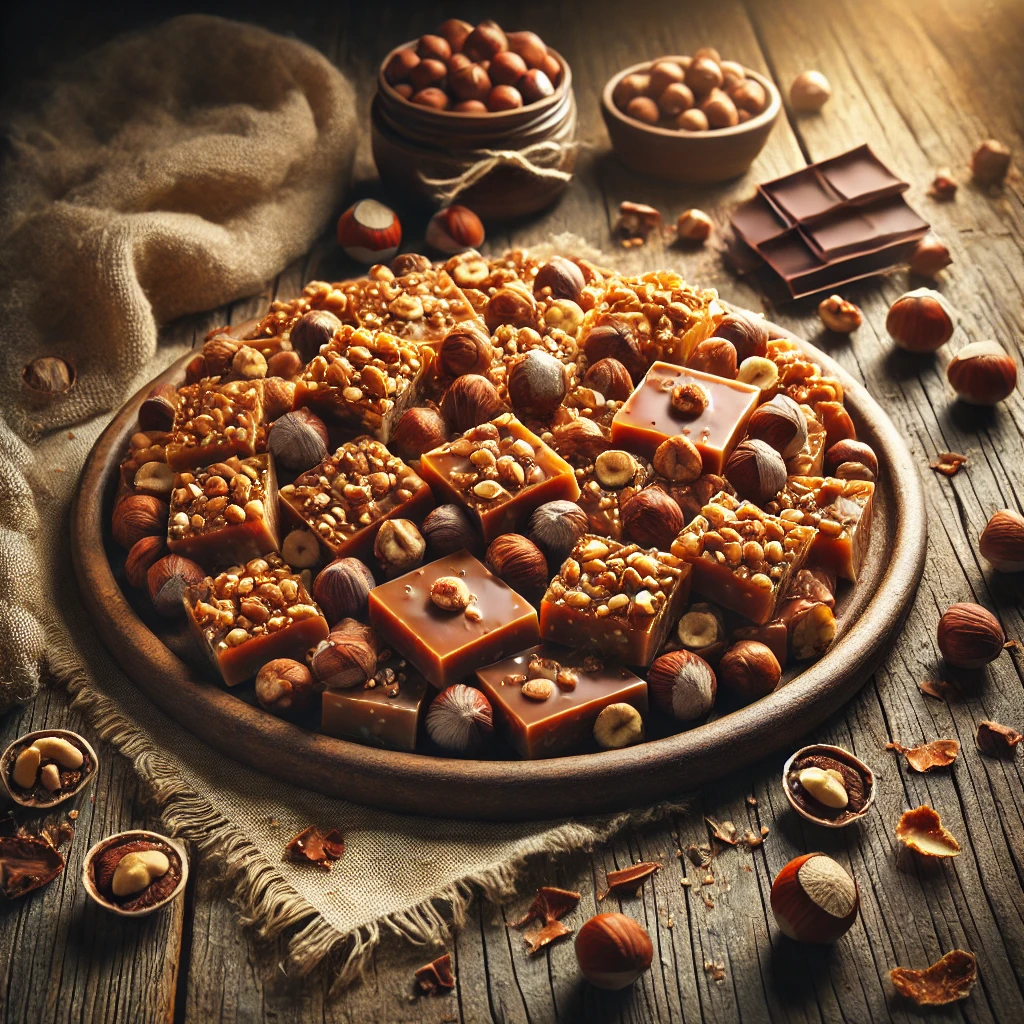 A plate of hazelnut toffee with a golden-brown, crisp texture, topped with chopped toasted hazelnuts and a smooth chocolate layer on a rustic wooden table. Some pieces are broken apart to reveal the crunchy layers, with whole hazelnuts and chocolate shavings scattered around. A cozy napkin and wooden plate enhance the warm, inviting atmosphere.