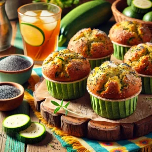 A vibrant and wholesome presentation of Healthy Zucchini Poppy Seed Muffins served on a rustic wooden tray. The muffins are golden brown with flecks of green zucchini and specks of poppy seeds, topped with a light dusting of powdered sugar. The setup includes fresh zucchini slices, a small bowl of poppy seeds, and a glass of iced tea on a cheerful tablecloth, illuminated by bright natural light to emphasize their fresh and healthy appeal, perfect for a nutritious snack.