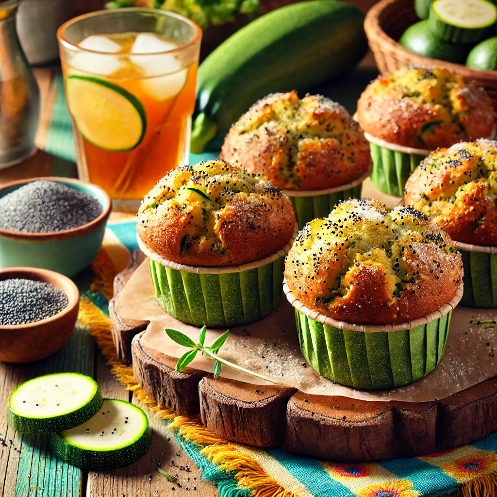 A vibrant and wholesome presentation of Healthy Zucchini Poppy Seed Muffins served on a rustic wooden tray. The muffins are golden brown with flecks of green zucchini and specks of poppy seeds, topped with a light dusting of powdered sugar. The setup includes fresh zucchini slices, a small bowl of poppy seeds, and a glass of iced tea on a cheerful tablecloth, illuminated by bright natural light to emphasize their fresh and healthy appeal, perfect for a nutritious snack.