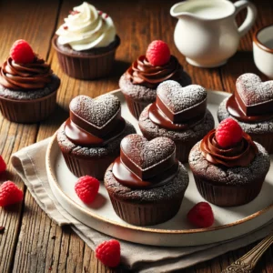 A beautifully plated batch of Heart Brownie Cupcakes served on a rustic wooden table. These rich, fudgy brownies are baked in heart-shaped molds and topped with a glossy chocolate ganache. Garnished with a sprinkle of powdered sugar and fresh raspberries. Arranged on a white ceramic plate with a side of whipped cream. The warm wooden table is more visible, providing a cozy and inviting setting.