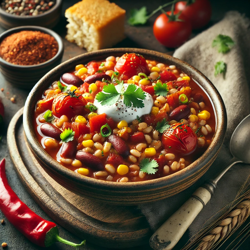 A rustic ceramic bowl filled with hearty barley chili, featuring barley, kidney beans, tomatoes, bell peppers, and corn in a rich chili sauce, garnished with fresh cilantro and a dollop of vegan sour cream, served on a dark wooden table with cornbread and a spoon nearby in soft natural light.