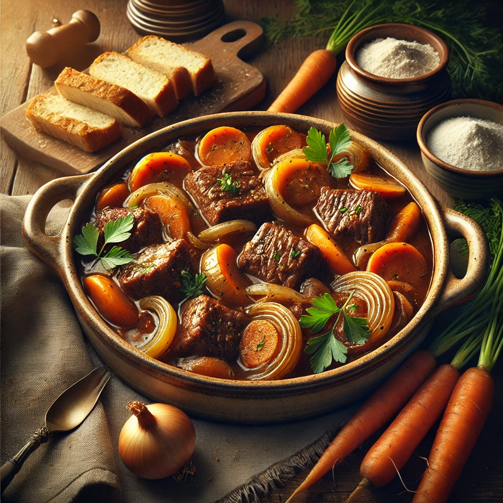 A rustic ceramic dish of beef casserole sits on a wooden table. The casserole features tender chunks of stewing steak, thinly sliced golden onions, and carrots, all simmered in a rich beef stock. Garnished with freshly chopped parsley, the dish is accompanied by a side of crusty bread on a small plate. Scattered around the setup are fresh carrots, a small bowl of flour, and a folded linen napkin. Soft natural light highlights the casserole's glossy sauce and hearty ingredients, creating a comforting and appetizing presentation.