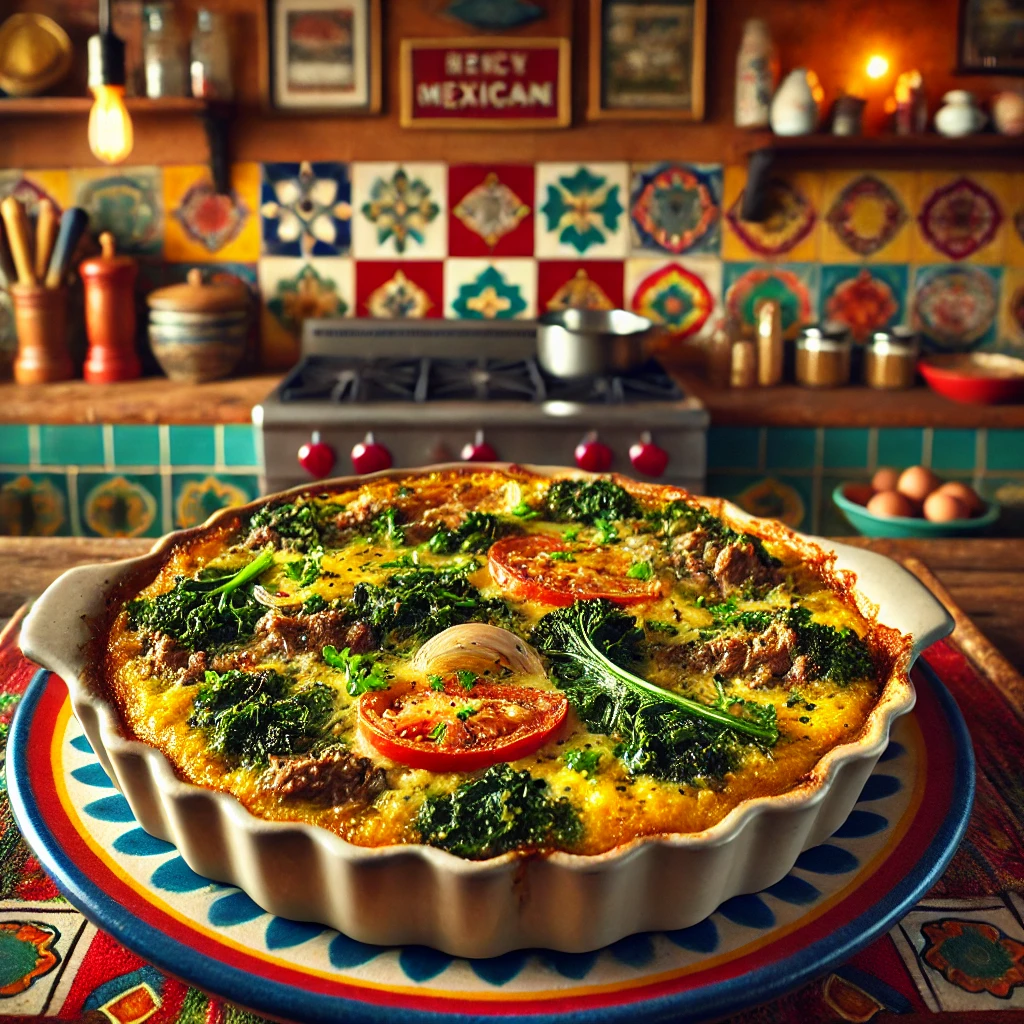 Beef and kale omelet with tomatoes and herbs, served in a cozy Mexican-inspired setting.
