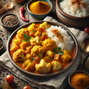 A rustic ceramic bowl of cauliflower and potato curry sits on a wooden table. The curry features golden-yellow potato chunks, tender cauliflower florets, and diced tomatoes in a richly spiced turmeric and cumin sauce. Garnished with fresh cilantro, the dish is accompanied by a small bowl of steamed rice. Scattered around are curry spices like cumin seeds, turmeric powder, and garam masala, along with a folded linen napkin. Soft natural light highlights the vibrant colors and hearty textures, creating a warm and inviting presentation.