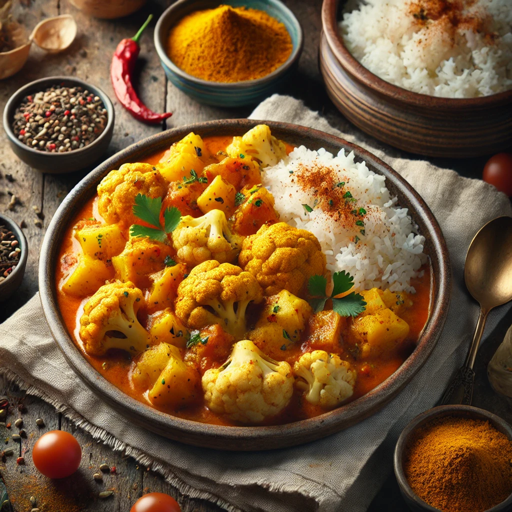 A rustic ceramic bowl of cauliflower and potato curry sits on a wooden table. The curry features golden-yellow potato chunks, tender cauliflower florets, and diced tomatoes in a richly spiced turmeric and cumin sauce. Garnished with fresh cilantro, the dish is accompanied by a small bowl of steamed rice. Scattered around are curry spices like cumin seeds, turmeric powder, and garam masala, along with a folded linen napkin. Soft natural light highlights the vibrant colors and hearty textures, creating a warm and inviting presentation.