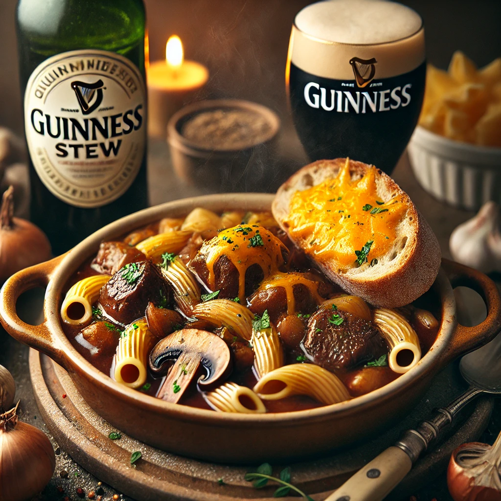 A hearty bowl of Guinness stew in an elegant ANTA pasta dish, filled with tender chunks of beef, caramelized onions, and earthy mushrooms in a rich, dark broth. A slice of crusty French baguette with golden, bubbling melted cheddar rests on the side. The dish sits on a rustic wooden table, with warm lighting highlighting the textures. In the softly blurred background, a bottle of Guinness, fresh herbs, and a wooden spoon add to the cozy kitchen ambiance.