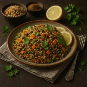 A rustic plate filled with a colorful Indian multigrain pilaf, featuring brown chickpeas, lentils, barley, peas, carrots, and garnished with fresh cilantro and lemon slices. Set on a dark wooden table with earthy props and warm, natural lighting for an authentic, real-life presentation.