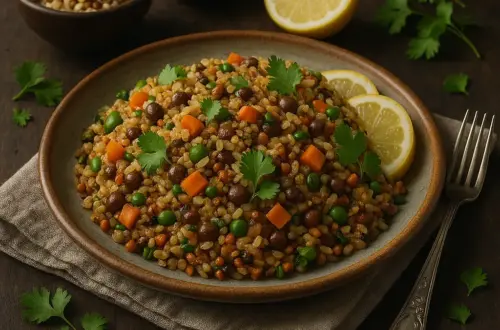 A rustic plate filled with a colorful Indian multigrain pilaf, featuring brown chickpeas, lentils, barley, peas, carrots, and garnished with fresh cilantro and lemon slices. Set on a dark wooden table with earthy props and warm, natural lighting for an authentic, real-life presentation.