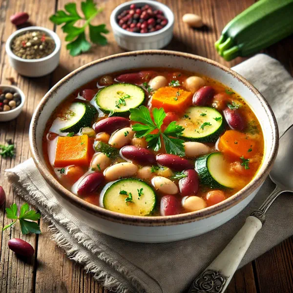 Ultra-sharp image of a hearty soup with kidney beans, zucchini chunks, carrots, onions, and fresh herbs, garnished with parsley and olive oil. Served in a white ceramic bowl on a rustic wooden dining table with spoon and linen napkin, captured in bright natural light.