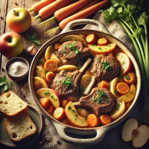 A rustic ceramic dish of hearty lamb and apple casserole sits on a wooden table. The casserole features tender, golden-brown lamb chops layered with thinly sliced carrots, celery, and apples, all simmered in a rich and glossy stock. Garnished with fresh parsley, the dish is accompanied by crusty bread on the side. Surrounding the dish are fresh ingredients, including a sliced cooking apple, carrots, celery stalks, and a small bowl of flour. Soft natural light highlights the warm tones and textures, creating a cozy and appetizing autumn meal presentation.