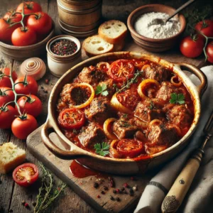 A rustic ceramic dish of lamb and tomato casserole sits on a wooden table. The casserole features tender cubes of lamb simmered in a rich tomato-based sauce with golden onions, seasoned with marjoram. Garnished with fresh parsley, the dish is accompanied by crusty bread. Scattered around the setup are fresh ingredients, including a can of tomatoes, a small bowl of flour, and a sprig of marjoram. Soft natural light highlights the glossy sauce and hearty textures, creating a warm and comforting presentation.