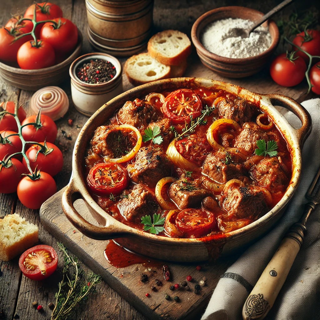 A rustic ceramic dish of lamb and tomato casserole sits on a wooden table. The casserole features tender cubes of lamb simmered in a rich tomato-based sauce with golden onions, seasoned with marjoram. Garnished with fresh parsley, the dish is accompanied by crusty bread. Scattered around the setup are fresh ingredients, including a can of tomatoes, a small bowl of flour, and a sprig of marjoram. Soft natural light highlights the glossy sauce and hearty textures, creating a warm and comforting presentation.