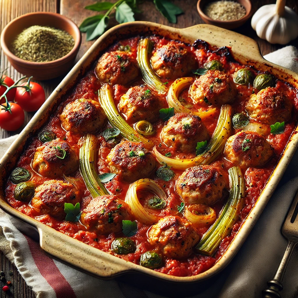 Golden-brown Italian sausage meatballs in a rich tomato sauce, flavored with leeks, garlic, oregano, and basil, served in a rustic ceramic baking dish. Garnished with fresh herbs, the dish is set on a wooden table with cozy dining elements like a folded napkin and a small bowl of Parmesan cheese, highlighted by natural lighting.