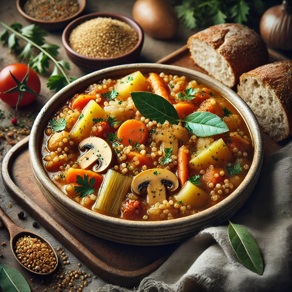 A rustic ceramic bowl of millet stew sits on a wooden table. The hearty stew features tender chunks of potatoes, carrots, celery, and mushrooms, with bay leaves and a base of toasted millet, all simmered with fragrant herbs like basil and thyme. Garnished with fresh parsley, the dish is served alongside a slice of crusty bread. Scattered around are fresh vegetables, millet grains, and a bay leaf. Soft natural light highlights the vibrant colors and wholesome textures, creating a cozy and inviting presentation.
