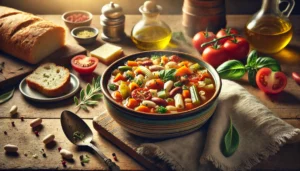 A steaming bowl of hearty minestrone soup filled with colorful vegetables, pasta, and fresh herbs, served on a rustic wooden table with bread and Parmesan cheese in the background.