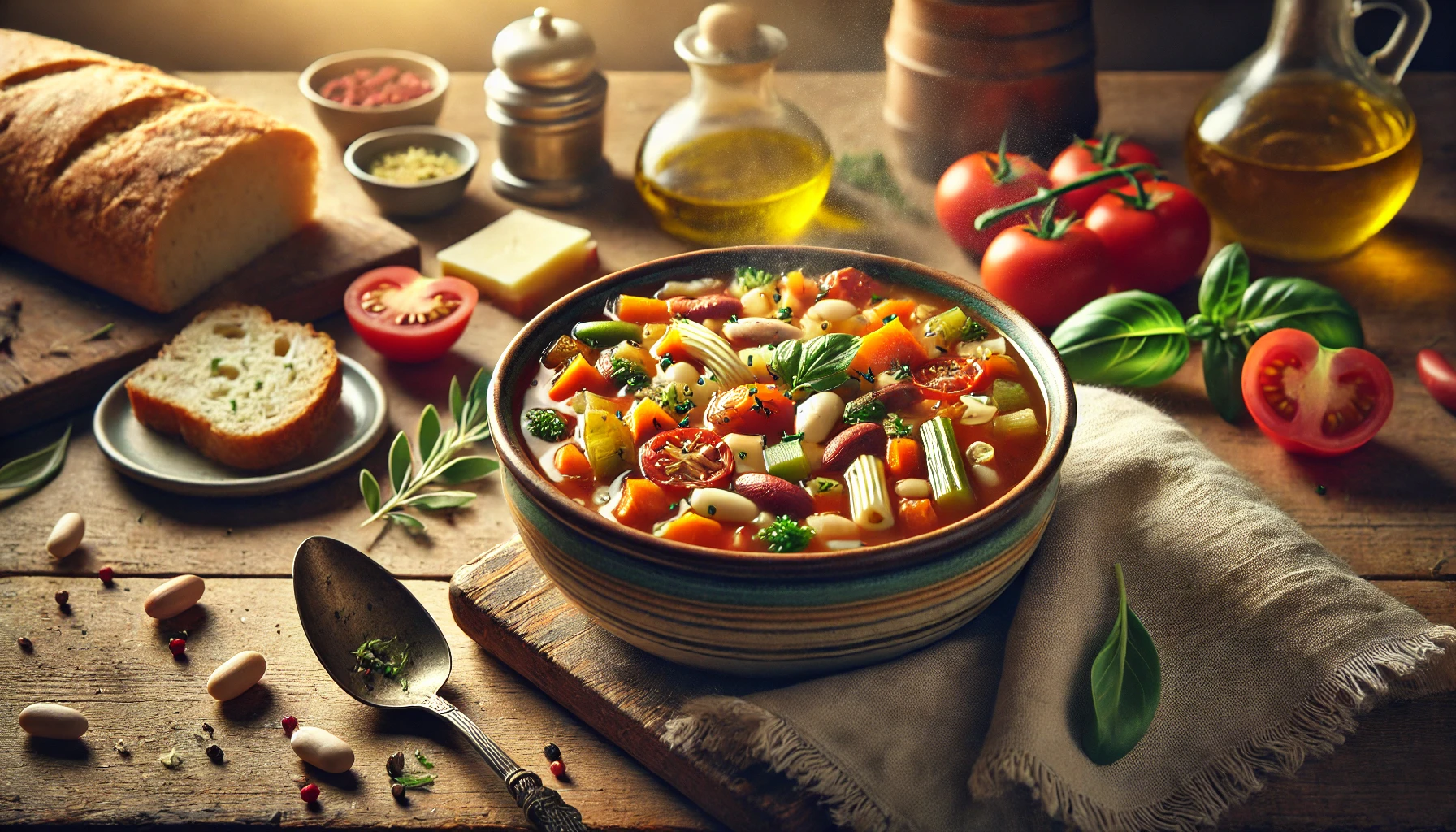 A steaming bowl of hearty minestrone soup filled with colorful vegetables, pasta, and fresh herbs, served on a rustic wooden table with bread and Parmesan cheese in the background.