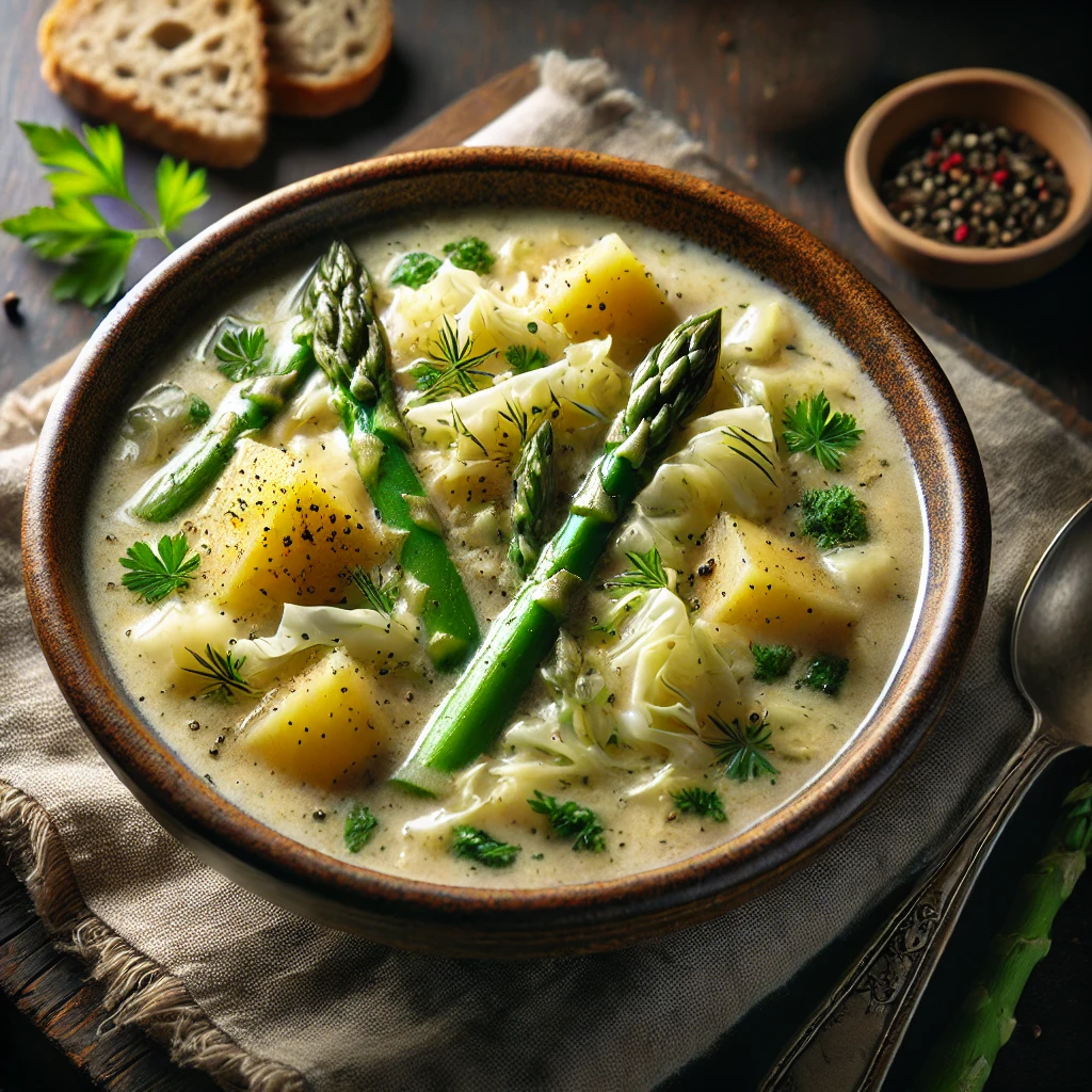 A rustic ceramic bowl of creamy asparagus, cabbage, and potato chowder, featuring tender potato chunks, green asparagus tips, and shredded cabbage, garnished with fresh herbs and black pepper, served with crusty bread on a dark wooden table in soft natural light.