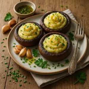 English alt text: A 600×600 photoreal, pesto-style image of three roasted portobello caps filled with swirled mashed potatoes, finished with olive oil, chives, and parsley on a matte off-white ceramic plate; shallow depth-of-field, soft side/back light, natural crumbs and roasted garlic; on the same rustic plank wooden table as the reference; no text on the image.
