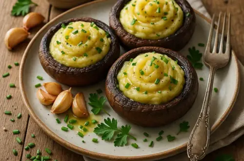 English alt text: A 600×600 photoreal, pesto-style image of three roasted portobello caps filled with swirled mashed potatoes, finished with olive oil, chives, and parsley on a matte off-white ceramic plate; shallow depth-of-field, soft side/back light, natural crumbs and roasted garlic; on the same rustic plank wooden table as the reference; no text on the image.