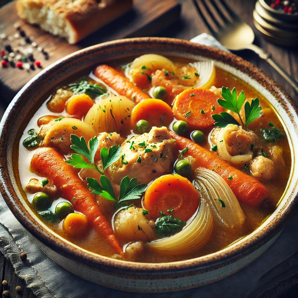 A beautifully plated Hearty Potted Chicken Stew, featuring tender chicken pieces, thickly sliced carrots, onions, and mixed vegetables in a rich, golden broth. The stew is served in a rustic ceramic bowl, garnished with fresh parsley. The bowl rests on a wooden table, accompanied by a side of crusty bread. Soft, warm lighting enhances the inviting and comforting presentation.