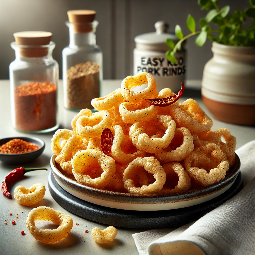 A sleek ceramic plate filled with golden-brown crispy pork rinds, seasoned with Celtic salt and red pepper flakes. The dish is garnished with extra red pepper flakes for color and placed on a minimalist kitchen table with small jars of spices, fresh herbs, and clean white napkins in the background. Bright natural lighting highlights the crunchy texture and rich golden hues, creating an inviting keto-friendly snack presentation.