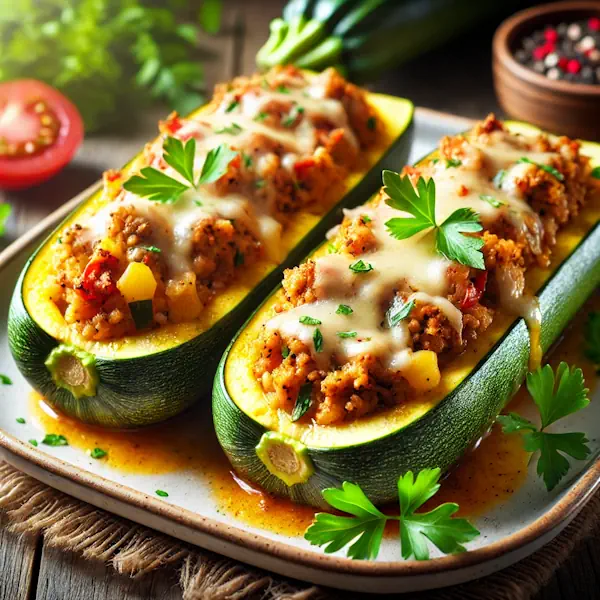 Ultra-sharp image of zucchini boats halved and filled with minced meat, rice, tomatoes, onions, and herbs, topped with melted cheese and garnished with parsley. Served on a white ceramic plate on a rustic wooden dining table, captured in bright natural light.