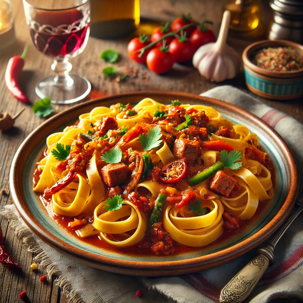 Golden tagliatelle pasta topped with a rich, savory meat sauce made from ground pork, smoked sausage, tomatoes, sautéed shallots, bell peppers, and carrots. Garnished with fresh cilantro and basil, served on an elegant ceramic plate with a cozy, rustic table setting and warm natural lighting.