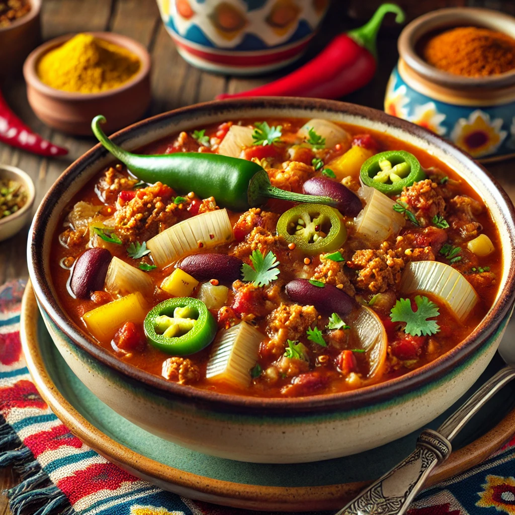 urkey chili with kidney beans and vegetables, served in a colorful Mexican-inspired bowl.