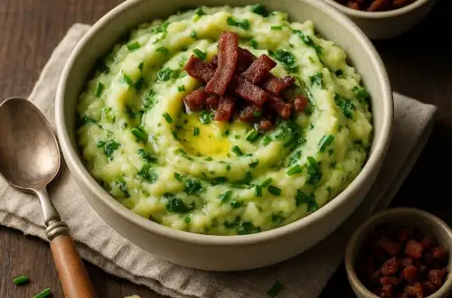 English alt text: A 600×600 close, lightly bright food photo in the pesto-style look—creamy vegan colcannon swirled in a matte ceramic bowl with chopped kale and chives, topped with crispy seitan bacon bits and a glossy pool of vegan butter; shallow depth-of-field, soft back/side light, rustic spoon and ramekin on a dark wooden table.