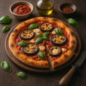 English alt text: A 600×600 close, lightly bright food photo in the pesto-style look—rustic vegan pizza on a round wooden board over a dark wooden table, topped with roasted eggplant rounds, pools of vegan mozzarella, fresh basil, and marinara; shallow depth-of-field with soft back/side light, plus small props (ramekin of marinara, olive oil bottle, chili flakes, vintage pizza cutter).