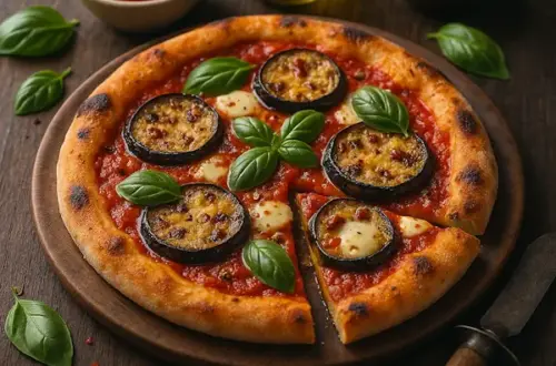 English alt text: A 600×600 close, lightly bright food photo in the pesto-style look—rustic vegan pizza on a round wooden board over a dark wooden table, topped with roasted eggplant rounds, pools of vegan mozzarella, fresh basil, and marinara; shallow depth-of-field with soft back/side light, plus small props (ramekin of marinara, olive oil bottle, chili flakes, vintage pizza cutter).