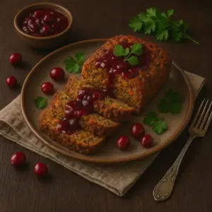A rustic ceramic plate with thick slices of vegan Festivus loaf made of lentils, grains, and vegetables, topped with cranberry sauce and fresh parsley. Styled with whole cranberries and warm lighting on a dark wooden table for a festive, cozy presentation.