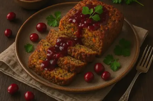 A rustic ceramic plate with thick slices of vegan Festivus loaf made of lentils, grains, and vegetables, topped with cranberry sauce and fresh parsley. Styled with whole cranberries and warm lighting on a dark wooden table for a festive, cozy presentation.