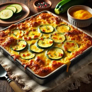 Ultra-sharp image of a hearty zucchini and cheddar bake, golden brown with bubbling melted cheese. Layers of zucchini and cheddar in a creamy filling are visible. Served in a rectangular ceramic baking dish on a rustic wooden dining table, with a serving spoon and linen napkin nearby, captured in bright natural light.