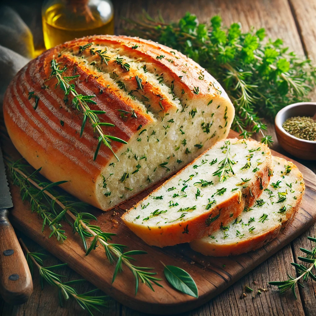 A freshly baked herb bread on a rustic wooden table, featuring a golden, crusty exterior with fresh herbs like rosemary, thyme, and parsley baked into the surface. A few slices are cut to reveal the soft, airy interior speckled with finely chopped herbs. The loaf rests on a wooden cutting board, accompanied by sprigs of fresh herbs, a small dish of olive oil, and a butter knife. Soft natural lighting enhances the warm, inviting tones.