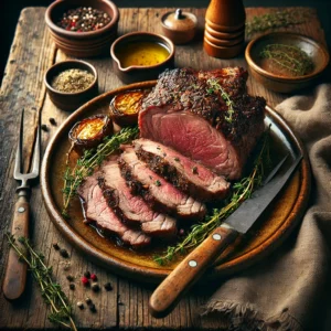 Air Fryer Roast Lamb served on an artisan ceramic plate, sliced into thick, juicy pieces with a golden-brown crust. The dish is garnished with fresh thyme sprigs and black pepper, styled on a rustic wooden table with a small dish of herb-infused olive oil, a wooden carving fork, and a side of roasted vegetables.