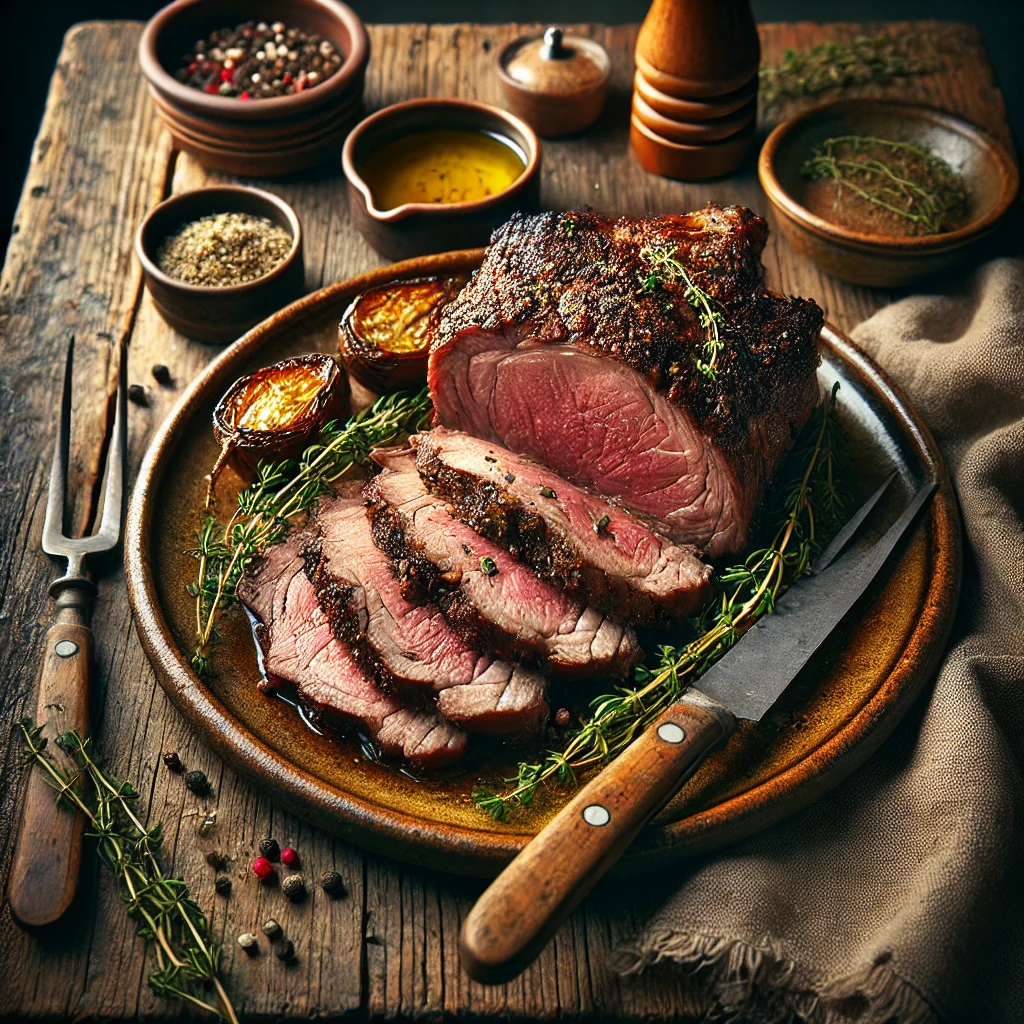 Air Fryer Roast Lamb served on an artisan ceramic plate, sliced into thick, juicy pieces with a golden-brown crust. The dish is garnished with fresh thyme sprigs and black pepper, styled on a rustic wooden table with a small dish of herb-infused olive oil, a wooden carving fork, and a side of roasted vegetables.