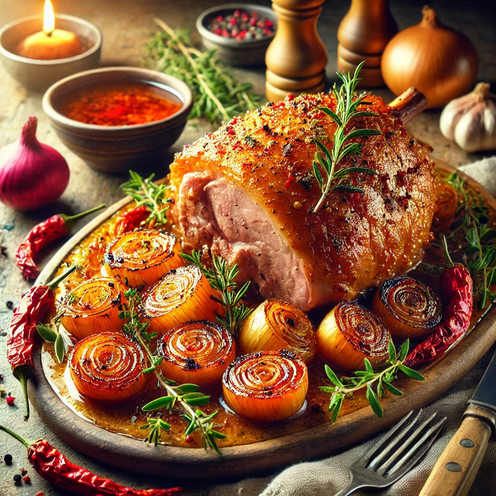 Golden and tender pork leg roast seasoned with rosemary, thyme, sage, and cayenne, served with caramelized candy onions infused with chili peppers and garlic. Presented on a rustic wooden platter, garnished with fresh herbs, with a side of pan juices in a small bowl, set on a warm and inviting kitchen table with earthy tones and soft natural lighting.