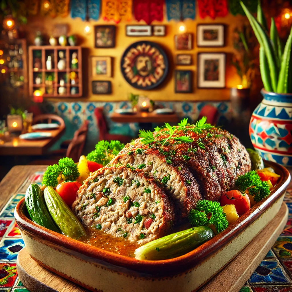 Herb-infused turkey and sausage meatloaf with fresh herbs, served in a vibrant Mexican-inspired setting.