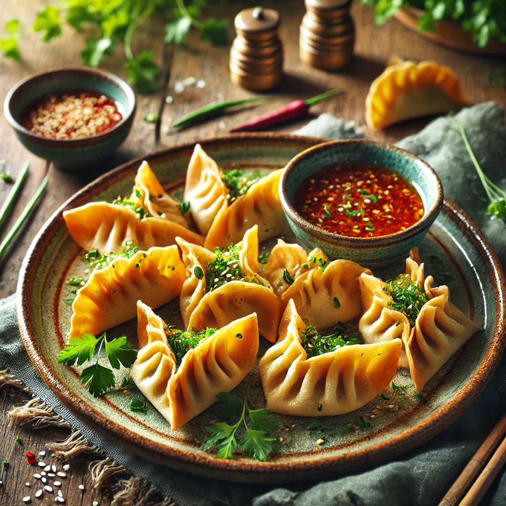Herb-infused vegan cream cheese wontons, golden and crispy, garnished with chives and sesame seeds, served on a rustic plate with a bowl of sweet chili dipping sauce on a wooden table.