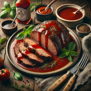 A rustic ceramic platter of marinated beef pot roast sits on a wooden table. The tender, golden-brown roast is sliced and drizzled with a rich, glossy gravy made from a tomato juice and Worcestershire marinade. Garnished with fresh basil, the dish is served with a small bowl of extra gravy. Surrounding the platter are fresh herbs, a bottle of Worcestershire sauce, a small bowl of mustard, and a folded linen napkin. Soft natural light highlights the juicy texture of the roast and the vibrant sauce, creating a warm and inviting presentation.